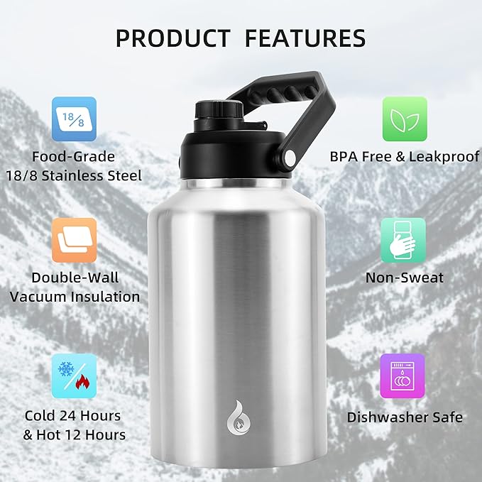 BJPKPK One Gallon(128 oz) Insulated Water Bottle, Dishwasher Safe Stainless Steel Thermo, BPA Free Jug with Ergonomic Handle & Anti-slip Bottom, Large Water Bottle,Stainless Steel