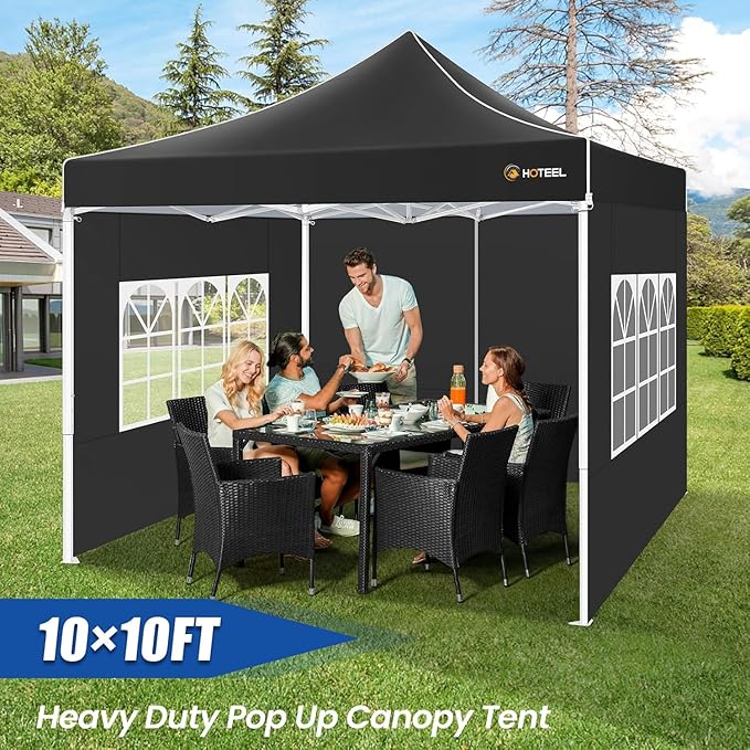 HOTEEL Canopy Tent 10x10 Heavy Duty Pop Up Canopy with Sidewalls, Commercial Instant Waterproof Tent for Vender Patio, UV 50+ with Silver Coated, Upgraded Thickened Hexagonal Legs, Black