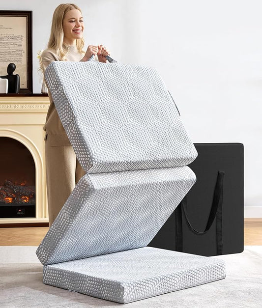 BDEUS Memory Foam Folding Mattress 4 Inch Small Full Size with Protable Storage Bag, Trifold Mattress Topper Soft Guest Bed Floor Mat for Kids Camping Road Trip, Gray, 52 x 73 Inch