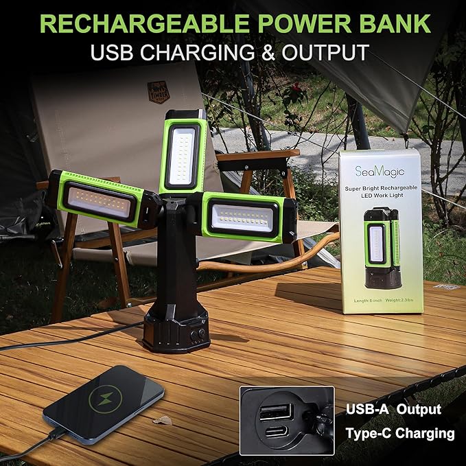 Multi-Directional LED 7000 Lumen Work Light, with Adjustable Tripod Stand and Carry Bag, Rechargeable with USB Power in/Out, Super Bright for Camping, Car Repairing, Barbecue, Workshop