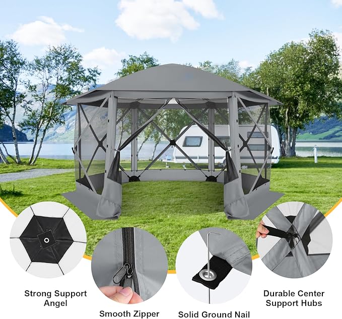 COBlZl Pop Up Gazebo 12x12 Screen House Tent for Camping, Outdoor Instant Stargazing Gazebo Canopy with Awning 2.0, Portable Hub Tent with Mosquito Netting, Pavilion for Backyard,Gray
