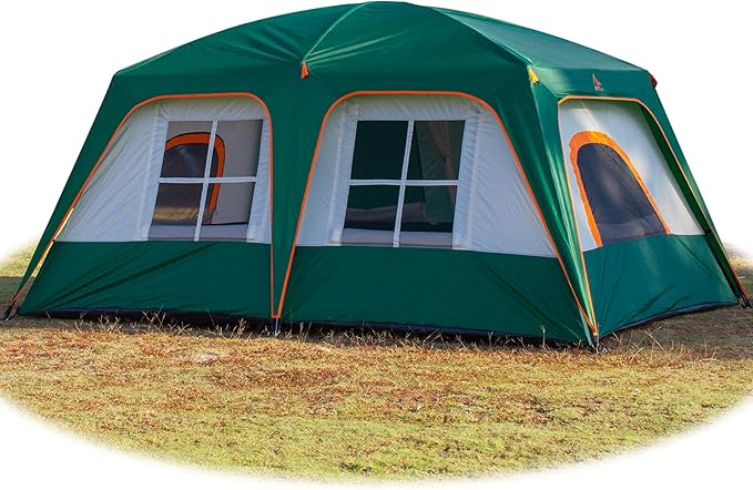 KTT Large Family Cabin Tent 10-12 Person,14.1X10X6.58ft,2 Rooms,3 Storage Pockets,2 Bay-Windows 3 Doors and 3 Windows with Mesh,Straight Wall,Waterproof,Double Layer,Big Tent for Outdoor,Camping
