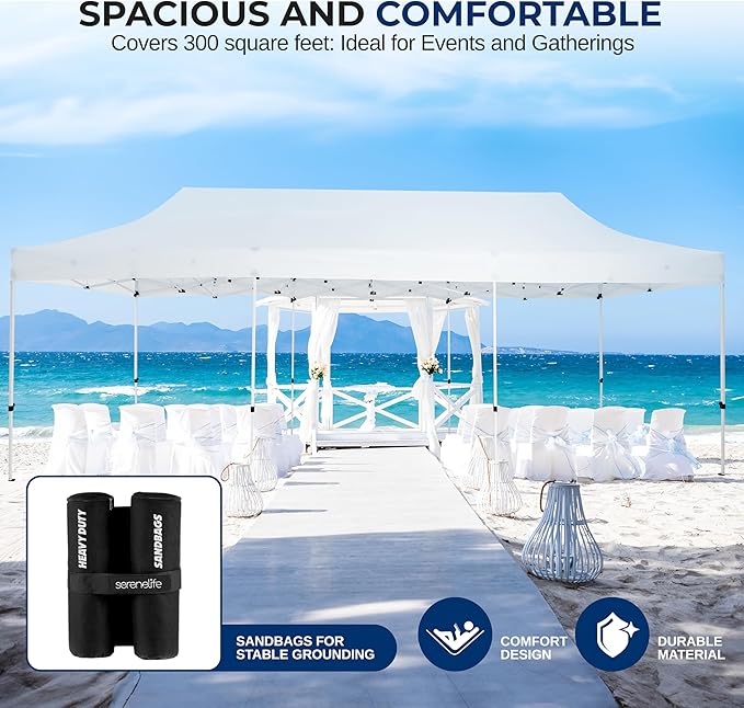 SereneLife 10x30 Ft. Pop Up Commercial Tent – Large Instant Pop-Up Canopy, Heavy Duty Waterproof Polyester Shelter with Wheels, Sandbags, Stakes & Ropes, Ideal for Parties, Events, & Gatherings