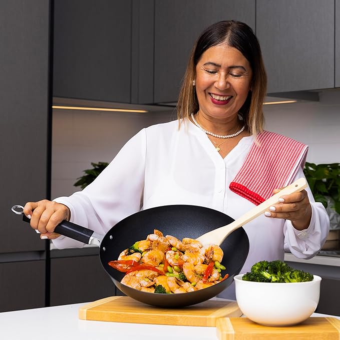 JOYCE CHEN Professional Series 12-Inch Carbon Steel Excalibur Nonstick Stir Fry Pan with Phenolic Handle