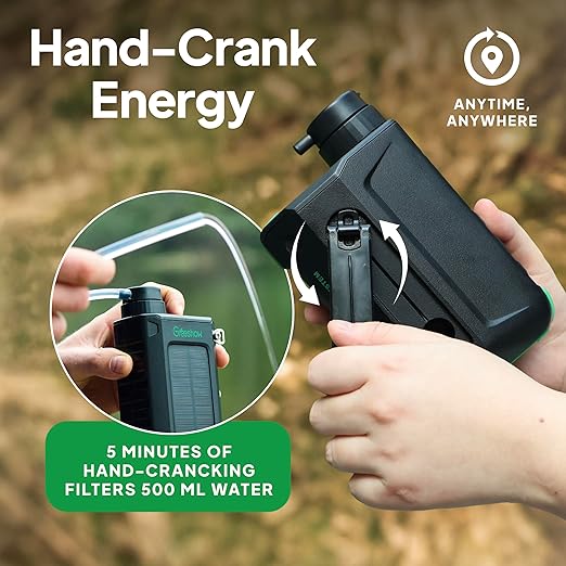 Greeshow Electric Portable Water Filter Camping - Solar Powered, Hand Crank, USB Charging, Water Purifier Survival with Emergency Light for Hiking Backpacking Travel Outdoor, Phone Charger, GS-2811