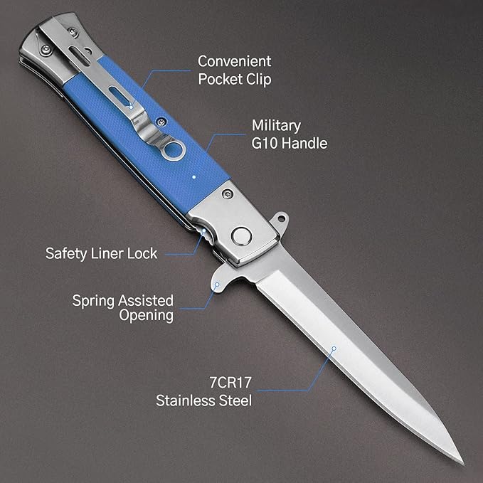 GVDV Folding Pocket Knife with G10 Handle, 7Cr17 Stainless Steel EDC Knife with Safety Liner-Lock, Camping Hunting Survival Knife for Men Women, Blue