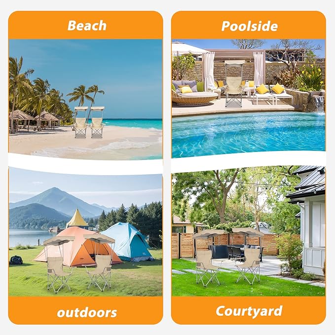 Camping Chair 2 Pack Portable Camping Chair with Canopy,Folding Chair with Canopy, Durable 600D Oxford Canopy Chair for Camping, Beach, Picnics, Fishing & Sports.Beige