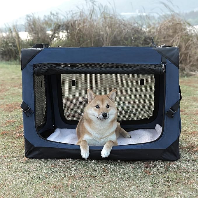 36 Inch Collapsible Crate for Large Dogs, 4-Door Foldable Soft Kennel with Chew Proof Mesh Windows for Indoor & Outdoor Travel,Navy Blue