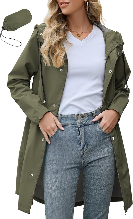 Zando Long Packable Rain Jacket Women Waterproof - Raincoat for Women Rain Coat with Hood Lightweight Outdoor Windbreaker
