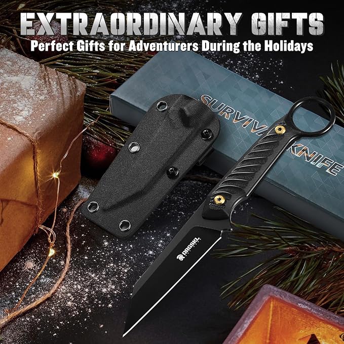 Sheepsfoot Fixed Blade Knife - Full Tang Survival Knives with Sheath, Camping Knives for Men, Black Knives Forged from a Single Piece of D2 Steel, Ideal Gift for Men