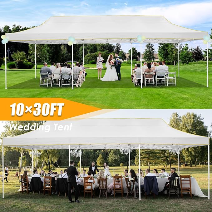 HOTEEL 10x30 Heavy Duty Pop Up Canopy Tent for Parties Event Wedding Commercial Instant Canopy with Wheeled Bag, Party Tent Waterproof UV 50+&Windproof, Upgraded Thick Hexagonal Legs, White