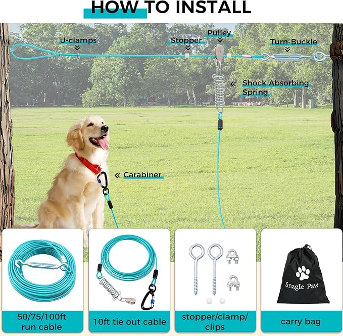 Snagle Paw Dog Runner for Yard,Heavy Duty Trolley System for Large Dogs,Dog Tie Out Run Cable,Dog Zip line 100ft with 10ft Pulley Runner Line for Dogs Up to 250lbs for Yard or Camping