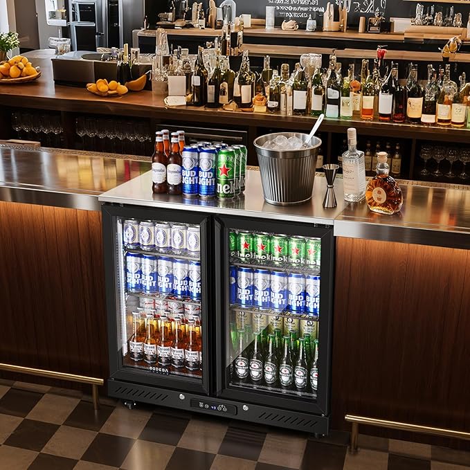 BODEGACOOLER Commercial Beverage Bar Cooler with 2 Glass Doors,7.7 Cu.ft Counter Height Back Bar Refrigerator LED Lighting for Soda Drinks,Beer,Wine with Stainless Steel Top,DOE Approved,4 Casters
