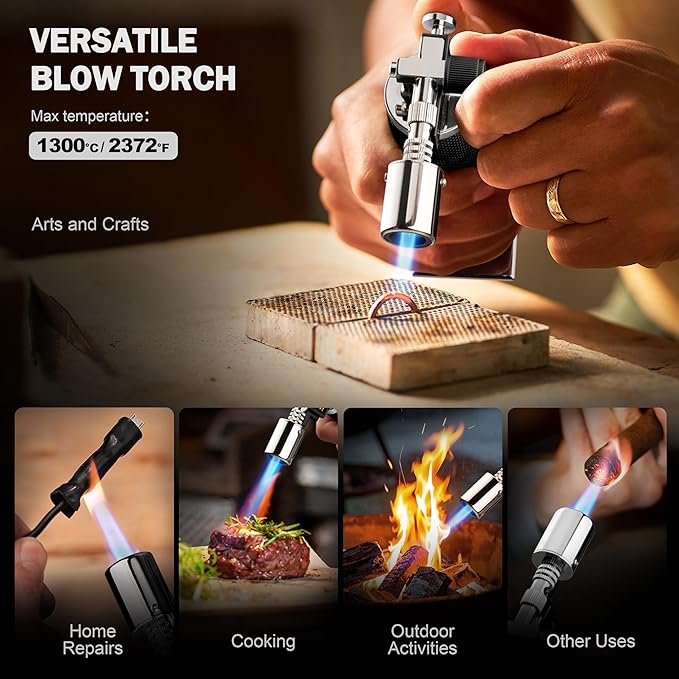 RAVS Butane Torch Lighter, Refillable Butane Kitchen Torch with Safety Lock and Adjustable Flame, Creme Brulee Torch for Baking, BBQ, Blow Torch for Cooking, Black, Butane Gas Not Included