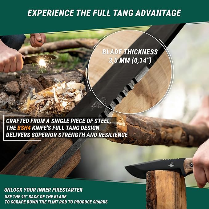 BeaverCraft Bushcraft Knife Full Tang 9.8" - Bush Knife with Fire Starter & Leather Sheath BSH4F - 5" Fixed Blade Carbon Steel - Camping Knives for Hiking, Survival, Outdoor