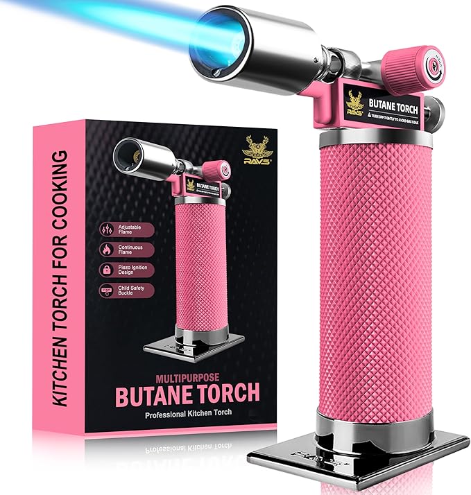 RAVS Butane Torch, Kitchen Torch Lighter for Creme Brulee with Adjustable Flame, Cooking Torch for Baking, BBQ, Desserts, Metal Mini Torch with Safety Buckle, Pink (Butane Not Included)