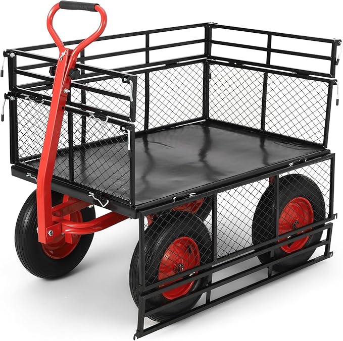 1400lbs Steel Garden Cart, Heavy Duty Yard & Garden Wagon w Removable Mesh Sides, Utility Metal Wagon Convert into Flatbed w 2-in-1 Rotating Handle, 16 inch All Terrain Wheels for Garden, Farm, Yard