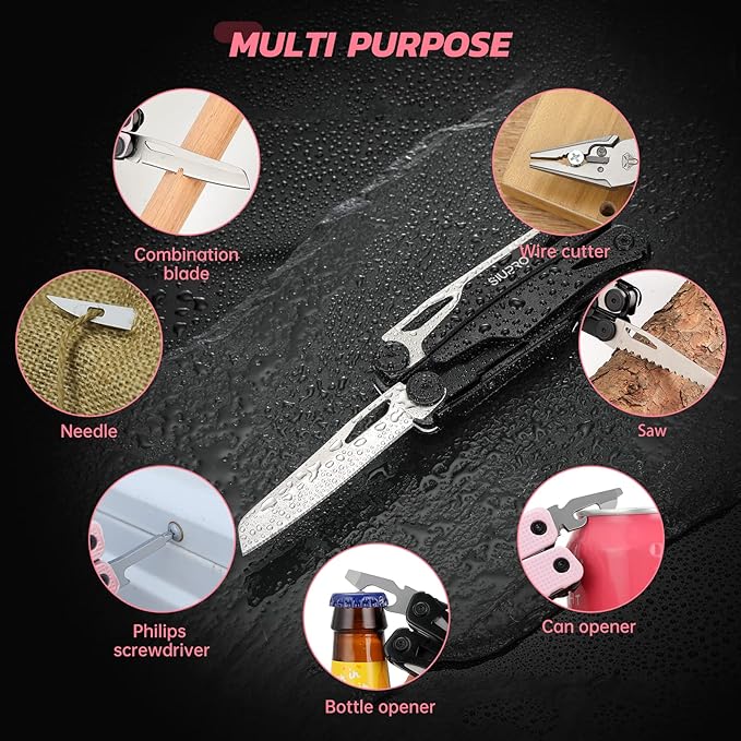 Pocket Multitool Knife for Men, Women, Tactical Multi Tool, All Self-Locking Camping Saw, Survival Pliers set With Clip and Pouch, Gifts Idea, Pink