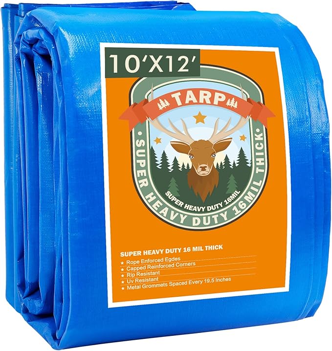 Tarps Heavy Duty Waterproof 10x12, Plastic Poly 16 Mil Thick Tarpaulin with Metal Grommets Every 19.5 Inches - Emergency Rain Shelter, Outdoor Cover, and Camping Use