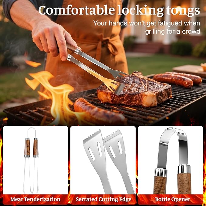 BBQ Grill Tools Set with Storage Bag and Wooden Grain Handles, Spatula, Fork, Cleaning Brush, Complete Barbecue Tool Sets for Outdoor Cooking Camping, Grilling Gifts for Men