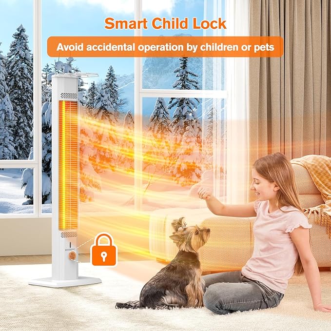 FLOWBREEZE Outdoor Patio Heater, 42in Infrared Heater with Remote, 9 Heat Levels, 9H Timers, Safety Lock, Tip-Over & Overheat Protection, IP65 Waterproof, Portable Electric Heater for Outdoor Use