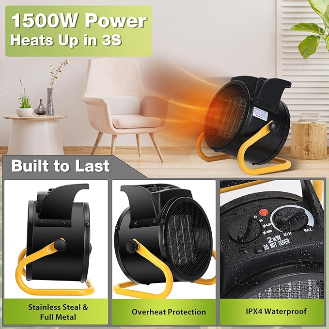 Greenhouse Heater with Thermostat, 1500W, Auto Temperature Control Kit with Digital Display, Fast Heating, Overheat Protection, for Grow Tent, Greenhouse, Flower Room, Patio, Winter Plants, YW