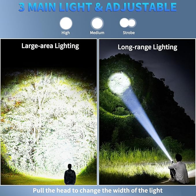 Rechargeable Flashlights High Lumens, 9000 LM Super Bright Flashlight with 7 Modes, Adjustable Powerful Flash Light with COB Light, Waterproof Handheld Flashlight for Home Camping Hunting