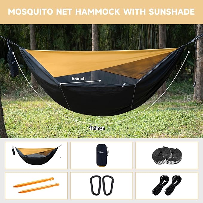 Camping Hammock with Mosquito Net and Sunshade, Backpacking Hammock with Ridge Rope Tree Straps, Lightweight Portable Hammocks for Outside, Hiking, and Travel