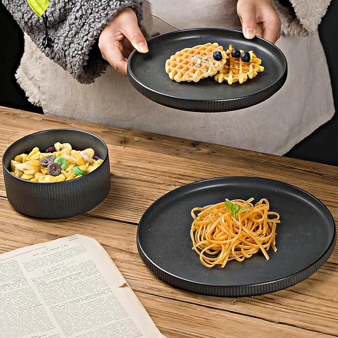 famiware Star Salad Plates for 6, 8 inches Plate Set, Stoneware Dinnerware, Small Dinner Plates for Dessert, Salad, Appetizer, Matte Dark Charcoal (Full Glaze)