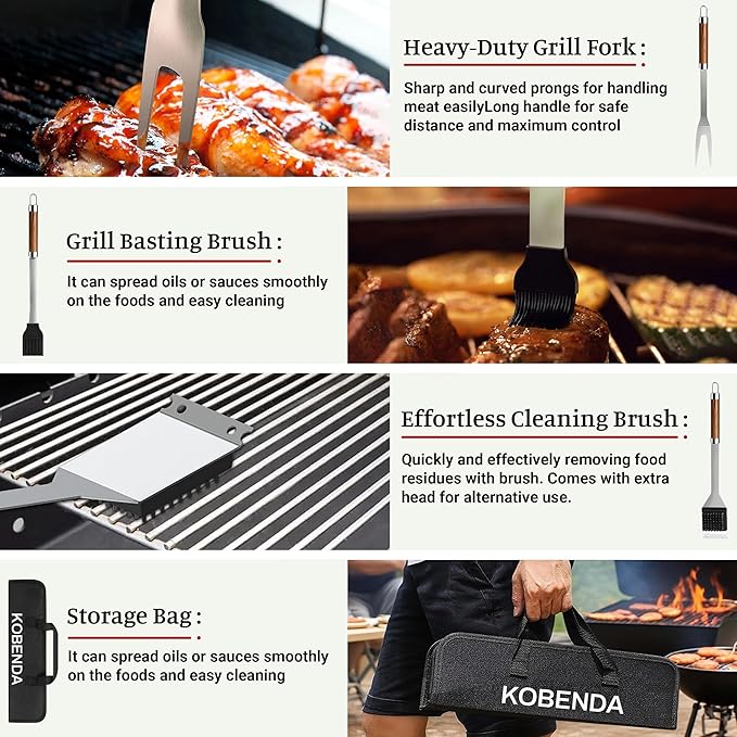 BBQ Grill Tools Set with Storage Bag and Wooden Grain Handles, Spatula, Fork, Cleaning Brush, Complete Barbecue Tool Sets for Outdoor Cooking Camping, Grilling Gifts for Men