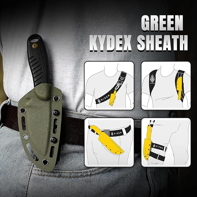 Kizer Hare Fixed Blade Knife with Sheath, 3.14" D2 Steel Blade EDC Fixed Blade Hunting Knives with Black G10 Handle, Small Bushcraft Survival Neck Knives, Outdoor Camping Knife for Men Women, 1077M1