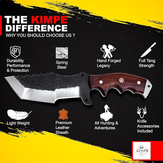 KIMPE 10.5’’ Hand-Forged Spring Steel Hunting Knife with Leather Sheath-Fixed Blade EDC Knife-Bushcraft Knives-Rose Wood Handle-Best Camping & Survival Knives-Knives for Men. (Spring Steel & Rose Wood)