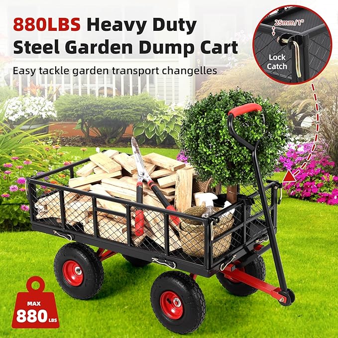 Heavy Duty Steel Garden Dump Cart 880 Lbs Capacity, Metal Garden Wagon with Removable Mesh Sides, Utility Metal Dump Wagon with 180° Rotating Handle, 10-inch All Terrain Wheels & Utility Liner