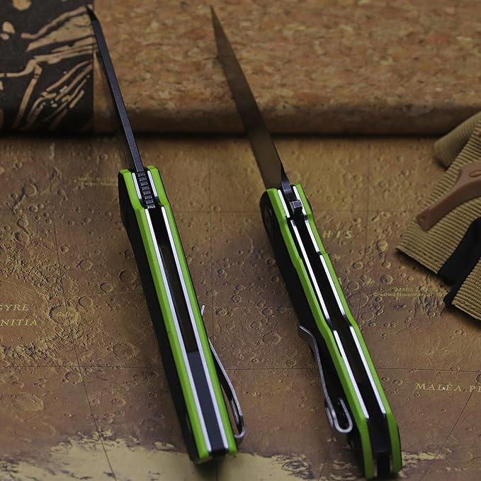 7.8in Folding Pocket Knife with D2 Steel Blade, G10 Handle, Ball Bearing Pivot, Stonewashed Finish – Outdoor EDC Utility Tool for Camping, Hiking, Survival Use(G10 - Black/Green)