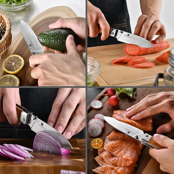 4.5-Inch Folding Kitchen Knife with Ultra Sharp 440A Stainless Steel Blade and Natural Olive Handle for BBQ, Peeling, Outdoor Camping