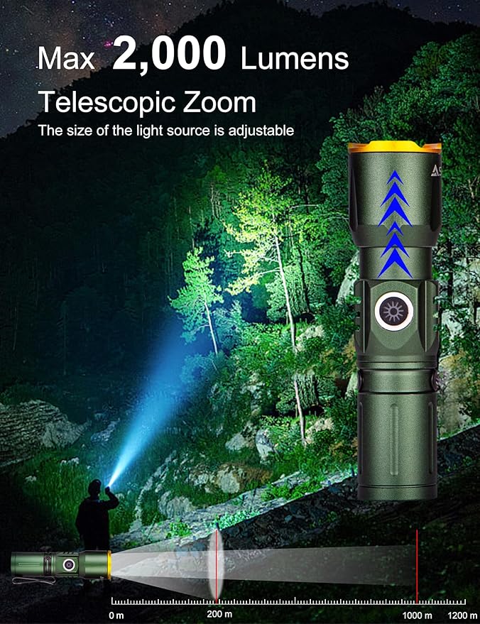 Mini Rechargeable LED Super Bright Flashlight,IP67 Waterproof Zoomable 2000 Lumens Tactical Flashlight with Magnets,4 Adjustable Light Source Modes for Camping,Hiking,Outdoor,Emergencies(Green)