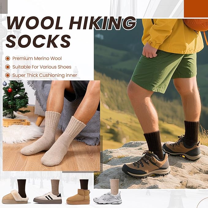 Eyean Merino Wool Socks Thermal Winter Ski Warm Thick Cozy Boot Hiking Socks for Women Men 3 Pairs