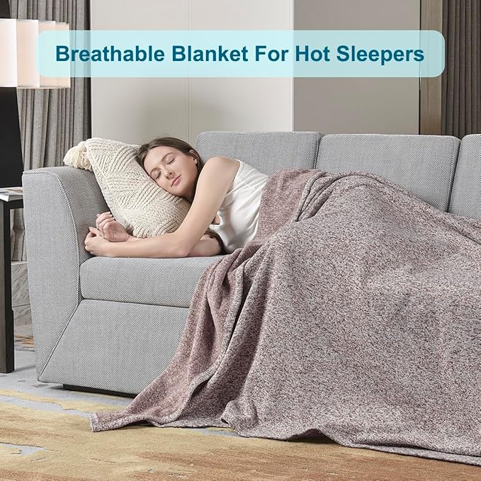 KAWAHOME Summer Sweatshirt Blanket Queen Size for Bed-Lightweight Breathable Blankets,Soft Thin Knit Jersey Blanket for Hot Sleepers,90 X 90 Inches, Heather Brown
