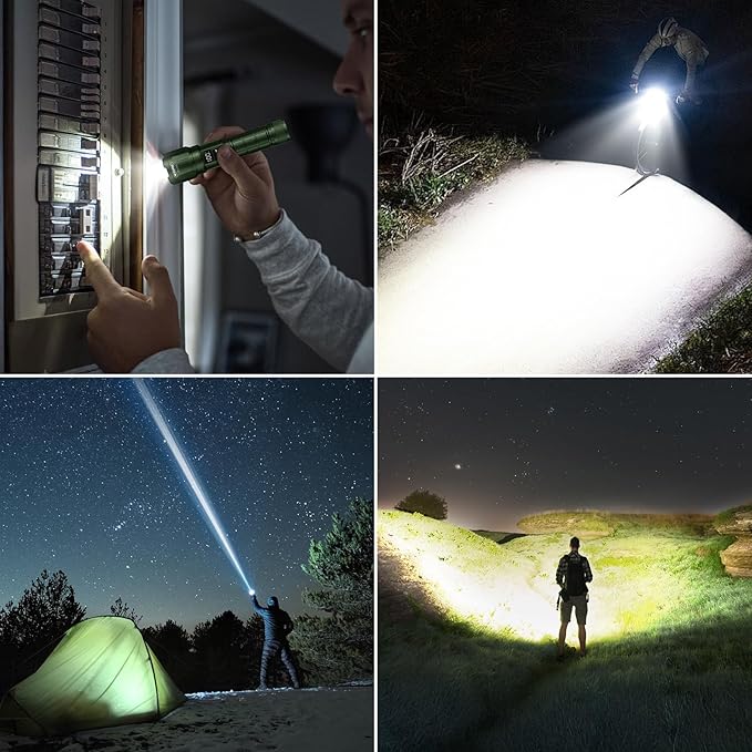 WdtPro LED Rechargeable Flashlight 2 Pack, Super Bright Zoomable 6000 Lumens Tactical Flashlight with LCD Digital Display, 3 Mode Waterproof Flash Light for Camping, Hunting & Home Emergency - Green