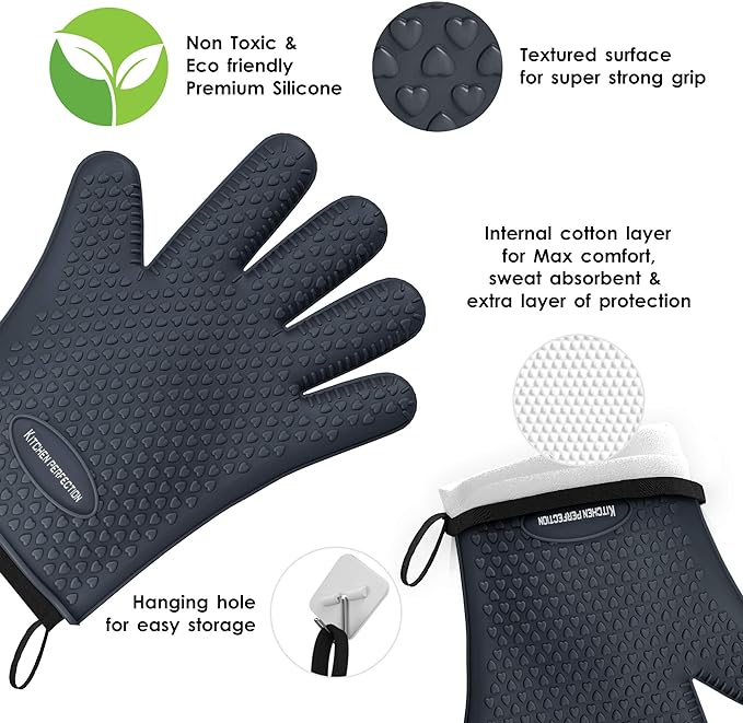 KITCHEN PERFECTION Silicone Smoker Oven Gloves -Extreme Heat Resistant BBQ Gloves -Handle Hot Food Right on Your Smoker Grill Fryer Pit|Waterproof Oven Mitts Grill Gloves |Superior Value Set+3 Bonuses