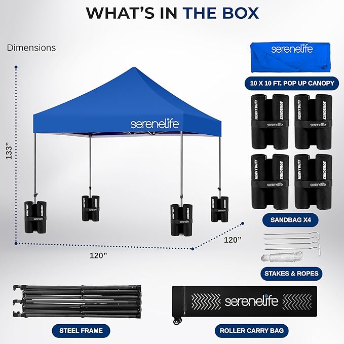 SereneLife 10x10 ft. Outdoor Pop Up Canopy, Instant Shelter, Waterproof Tent with Wheeled Carry Bag and Sand Bags, Foldable and Portable, UV and Weatherproof, Ideal for Outdoor Events (Navy Blue)