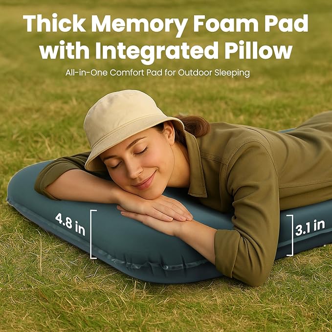 Camping Sleeping Pad with Electric Pump, 3.15" Ultra-Thick Self Inflating Memory Foam Camping Mattress Pad with Pillow, 4-Season Portable Camp Sleeping Mat for Travel,Car,Tent,Home-Green
