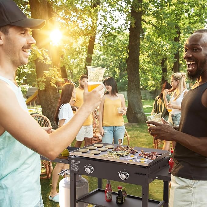 2 Burner Foldable Gas Griddle, 28 Inch Stainless Steel Portable Detachable Propane Griddle, 30,000 BTU Flat Top Barbecue Grill with Side Shelves for Camping