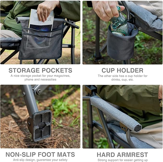 EVER ADVANCED Padded Oversized Folding Camping Chair for Adults, Heavy Duty Lawn Chair with Side Pockets, Portable Collapsible Quad Chair for Outside, Support Up to 500lbs, Grey