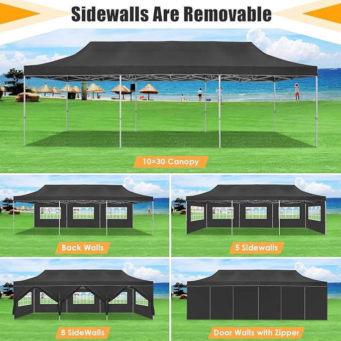 HOTEEL Tents for Parties 10x30 Pop Up Canopy Tent Heavy Duty with 8 Sidewalls, Commercial Party Tent Event Wedding Instant Canopy Waterproof with Carry Bag, UV 50+, Thicked Hexagonal Legs, Black