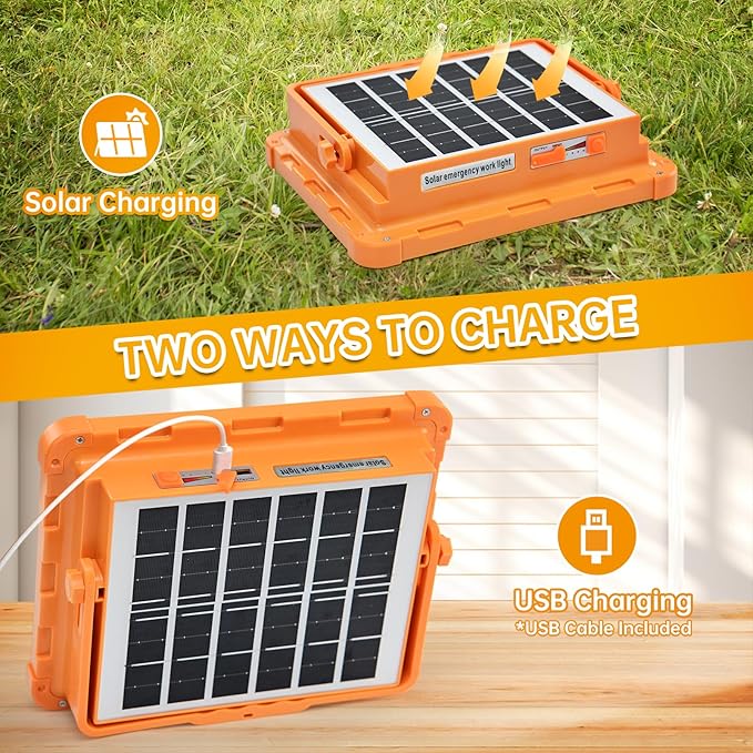 Portable Solar Rechargeable Work Light - Job Site Security Lighting with Stand, 4 Modes Waterproof Outdoor Lights, LED Cordless Flood Lights for Camping, Fish, Car Repair, Emergency Power Failure