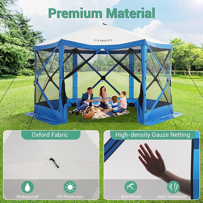 COBIZI 12x12ft Pop up Gazebo Screen House Tent for Camping, Camping Outdoor Screened Gazebo with Mosquito Netting, Portable Hub Tent with Carrying Bag and Ground Stakes, Blue(Upgraded 2.0)