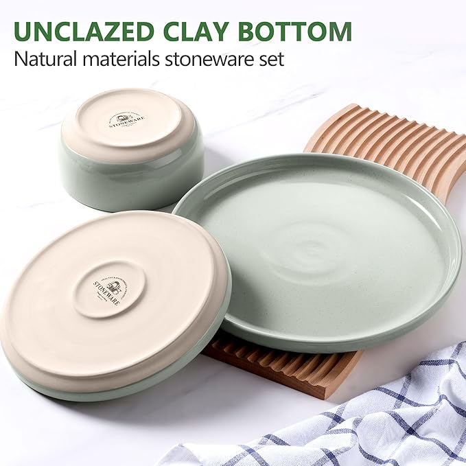 LIANYU Porcelain Dinnerware Set for 4, 12 PC Stoneware Dinner Plates and Bowls, Ceramic Dining Dishes Set for Dessert Salad Pasta, Microwave & Dishwasher Safe, Fog Green