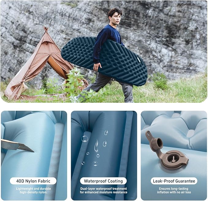 Ultralight Backpacking Sleeping Pad for Camping, with Inflatable Neck Camping Pillow, Lightweight Inflatable Sleeping Pad for Adults, Portable for Hiking, Car Travel - Durable & Comfortable