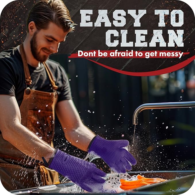 KITCHEN PERFECTION XL Silicone Smoker Oven Gloves -Extreme Heat Resistant BBQ Gloves -Handle Hot Food Right on Your Grill Fryer & Pit | Waterproof Oven Mitts Grill Gloves |Superior Value Set+3 Bonuses